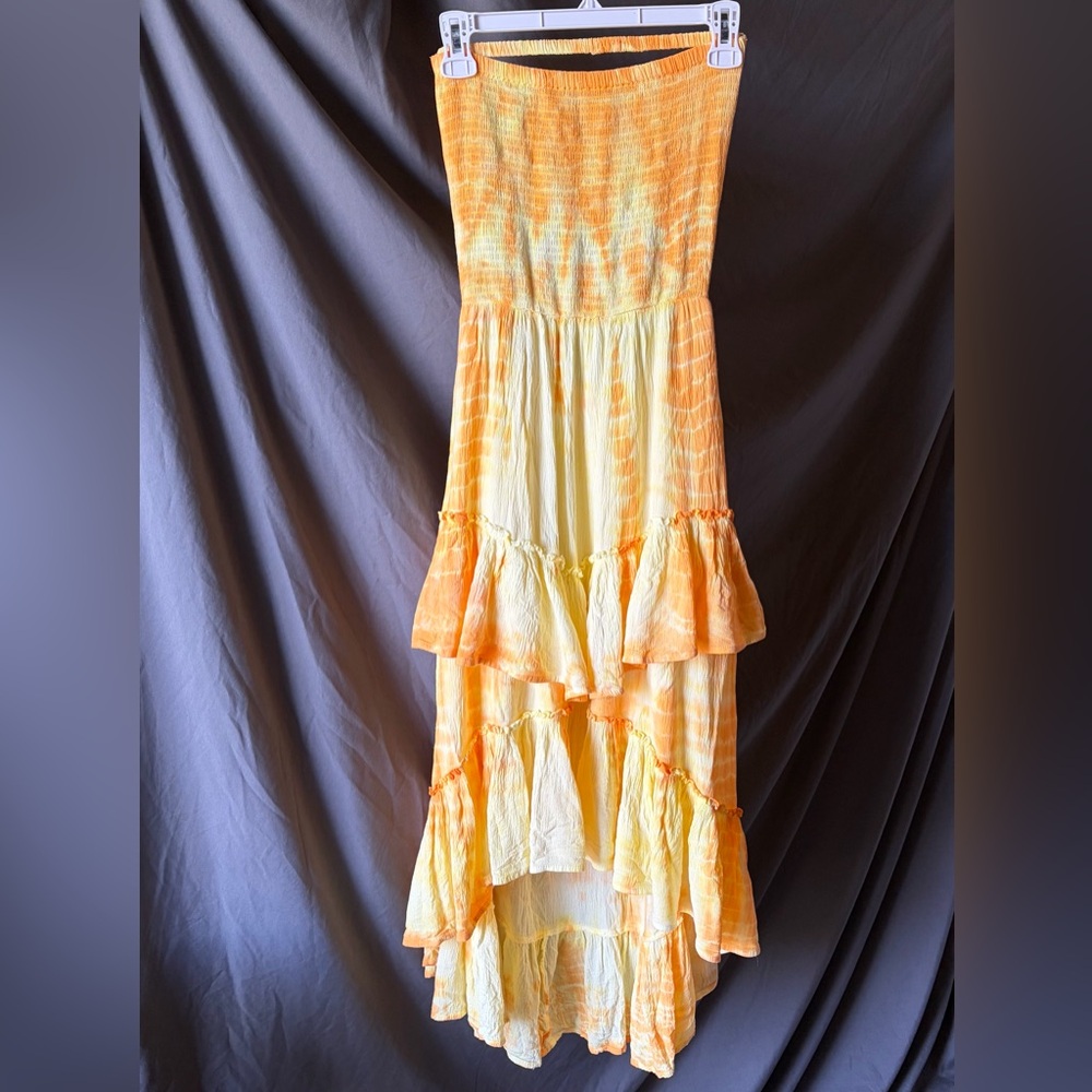 EARTHBOUND Orange Yellow Tie Dye Strapless Tiered Dress Ruffle Smocked SMALL